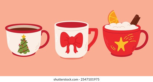 Christmas cup and mug set. Hot drinks. Holiday cute mugs with hot cocoa, coffee, and mulled wine. New year drinks decorated with sweets and candy. 