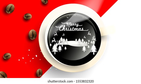 Christmas in cup off coffee and beans from above. Hot drink smell of christmas. Winter coffee shop background. -Vector