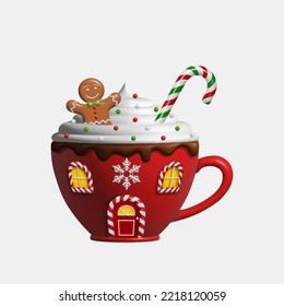 christmas cup shaped house with gingerbread man and candy cane. christmas fantasy house