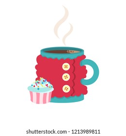 Christmas cup with sweter and cupcake, vector isolated illustration on white background