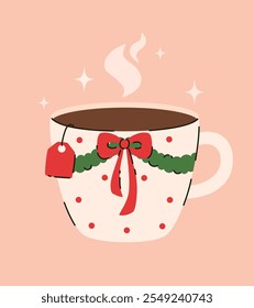 Christmas cup of tea. Flat vector illustration.