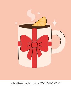 Weihnachtsbecher mit Tee und Zitrone. Flache Vektorgrafik.