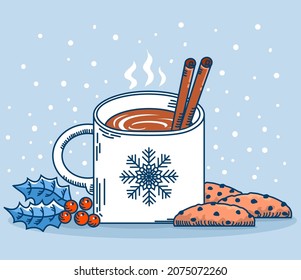 Christmas cup tea with milk and sweet chocolate chip cookies. Vector winter Chriistmas card with holly berry and coffee on background for text