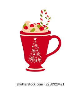 Christmas cup, whipped cream and berries, eggnog New Year holidays drink in cartoon design. Vector sweet warm coffee drink with raspberries