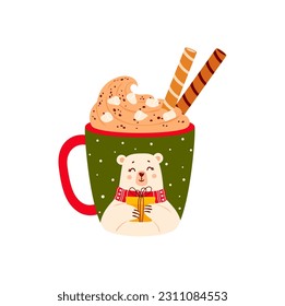 Christmas cup with whipped cream and marshmallows, New Year bear in winter holiday scarf. Vector holiday mug, hot eggnog and cookies