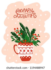 Christmas cup with a winter bouquet inside. Hand drawn style. Vector illustration. Merry Christmas. Happy New Year.