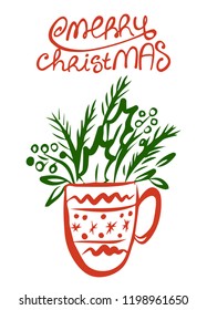Christmas cup with a winter bouquet inside. Hand drawn style. Vector illustration. Merry Christmas. Happy New Year.