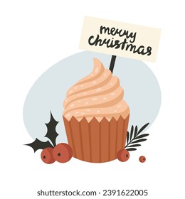 Christmas cupcake with berries vector illustration 