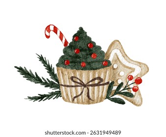 Christmas cupcake with candy cane, greenery and gingerbread watercolor style. Vector illustration