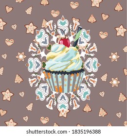 Christmas cupcake with cherry on the beige background with patterns