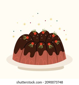 Christmas cupcake in chocolate decorated with cranberries. Traditional Christmas sweets.