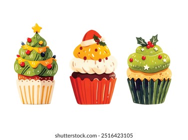 Christmas cupcake clipart, isolated vector illustration.
