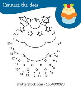 Christmas cupcake. Connect the dots. Dot to dot by numbers activity for kids and toddlers. Winter holidays theme educational game
