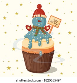 Christmas cupcake with cute snowman. Design for Holidays greeting card, poster, banner, postcard, print. Vector illustration.