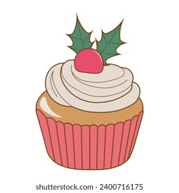 Christmas cupcake decorated with cherry fruit and two holly leaves on top. Vector illustration design on white background.