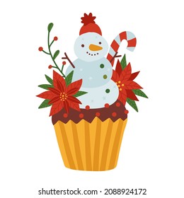 Christmas cupcake decotared with cute snowman, poinsettia and candy cane. Design for Holidays greeting card, poster, banner, postcard, print. Vector flat hand drawn illustration.