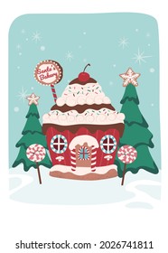 Christmas cupcake gingerbread house with trees and candy lollipop for fabric, linen, textiles and wallpaper