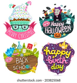 Christmas cupcake, Halloween banner, Back to School banner, Happy birthday cute decoration. Set of holidays elements.