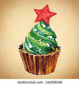 Christmas cupcake with holly berry. Vector illustration. Watercolor illustration. Traditional yummy Christmas dessert. Christmas vintage retro food