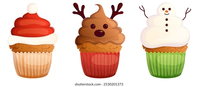 Christmas cupcake with  icing in a shape deer, Santa hat, snowman isolated on white. Sweet xmas pastry.