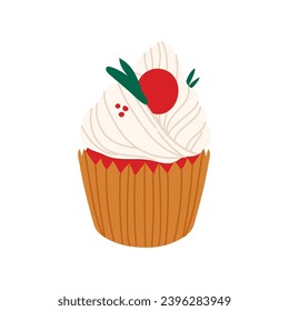 Christmas cupcake isolated on white background. Cute winter sweets food dessert vector illustration. Xmas icing muffin sugar cream with mistletoe