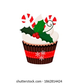 Christmas cupcake with mistletoe and candy - cute winter sweets food. Xmas muffin with red ribbon and snowflakes sugar cream with mistletoe berry and leaves. Flat cartoon dessert vector illustration.