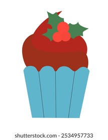 Christmas cupcake with mistletoe. Vector Flat Illustration.