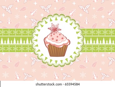 Christmas cupcake on the doily. Vector.