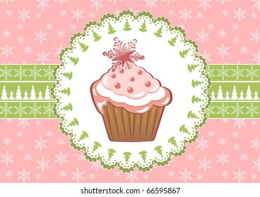 Christmas cupcake on the doily. Vector.