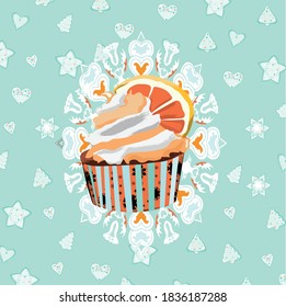 Christmas cupcake with orange on the grey green background with patterns.