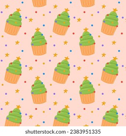 Christmas cupcake pattern. Muffin with cream, sprinkles and Christmas tree