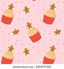 Christmas cupcake pattern. Muffin with cream, sprinkle and gingerbread man decoration.