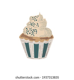 Christmas cupcake in retro colors. Cream beige and blue decoration.Hand drawn style. For a postcard, for a congratulation, a poster.