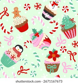 Navidades Cupcake Patrón sin fisuras, lindo Festiva Cupcakes papel digital, Kawaii Xmas Sweets Fondo