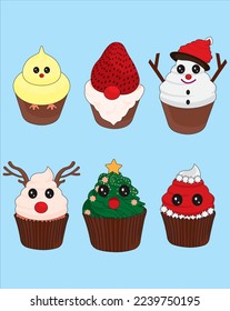 Christmas cupcake set different types of sweets chick, santa, snowman, reindeer and xmas tree