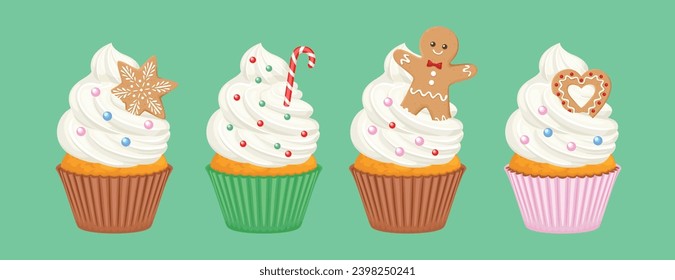 Christmas  cupcake set isolated on green background. Holiday baking with winter decor. Vector cartoon illustration of festive sweet maffins.