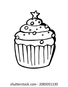 Christmas cupcake in the shape of a herringbone in doodle style isolated on white background. Clipart Icon