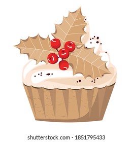 Christmas cupcake with a sprig of mistletoe in gold flowers. Vector, white background, isolated.