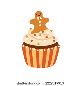 Christmas cupcake. Sweet Xmas food with cream, sprinkle and gingerbread man decoration. Festive New Year dessert. Winter holiday cup cake, muffin. Flat vector illustration isolated on white background