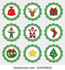 Christmas cupcake toppers. Set of cupcake toppers for christmas party with doodle illustrations of Santa, elf, christmas decorations, christmas tree ets. Vector 8 EPS.