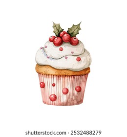 ilustração do vetor do cupcake de Natal em estilo aquarela