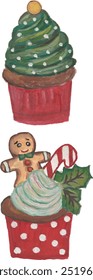 Christmas cupcake watercolour illustration clipart