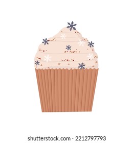 Christmas cupcake with white cream and small decor in the form of snowflakes. vector illustration isolated on white background.