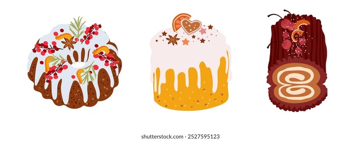 Christmas Cupcake,Panettone, Log. Christmas Cupcake Set. Vector on white background 