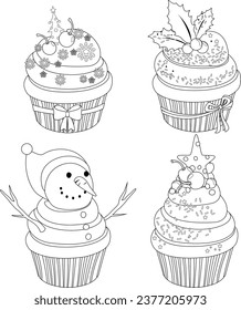 Christmas cupcakes collection. Vector black and white coloring page.