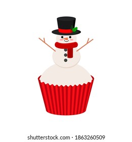 Christmas cupcakes with cute snowman - winter sweets food. Xmas icing muffin in paper snowman with red scarf and black hat. Flat cartoon dessert vector illustration.