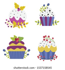 Christmas cupcakes decorated with brunches, seasonal berries and leaves. Baked pastry and sweet treats with frosting and sprinkles, muffins for Xmas party and december events celebration.