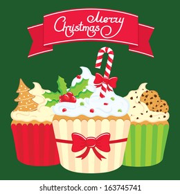 Christmas cupcakes with different holiday decorations. Hand-drawn words Merry Christmas on ribbon. Vector illustration.