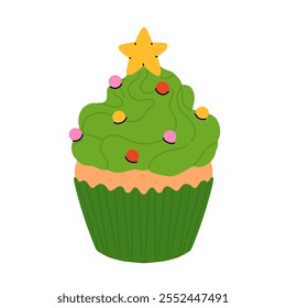 Christmas cupcakes with festive decoration. Santa hat, christmas tree, snowman, peppermint topping and icing. Merry Christmas. Xmas sweets Vector illustrations.