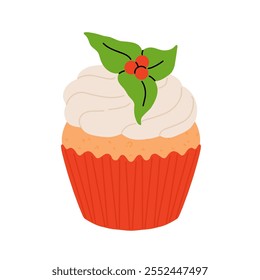 Christmas cupcakes with festive decoration. Santa hat, christmas tree, snowman, peppermint topping and icing. Merry Christmas. Xmas sweets Vector illustrations.